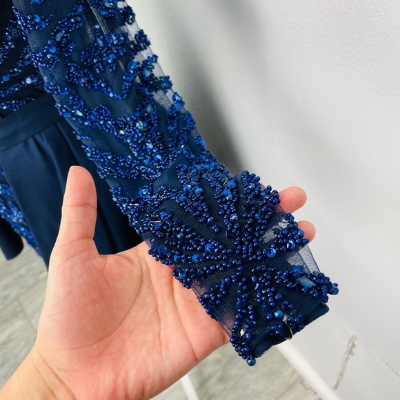 Modessa Couture Blue Embellished Peplum Long Sleeve Prom Homecoming Event Dress - Picture 14 of 16